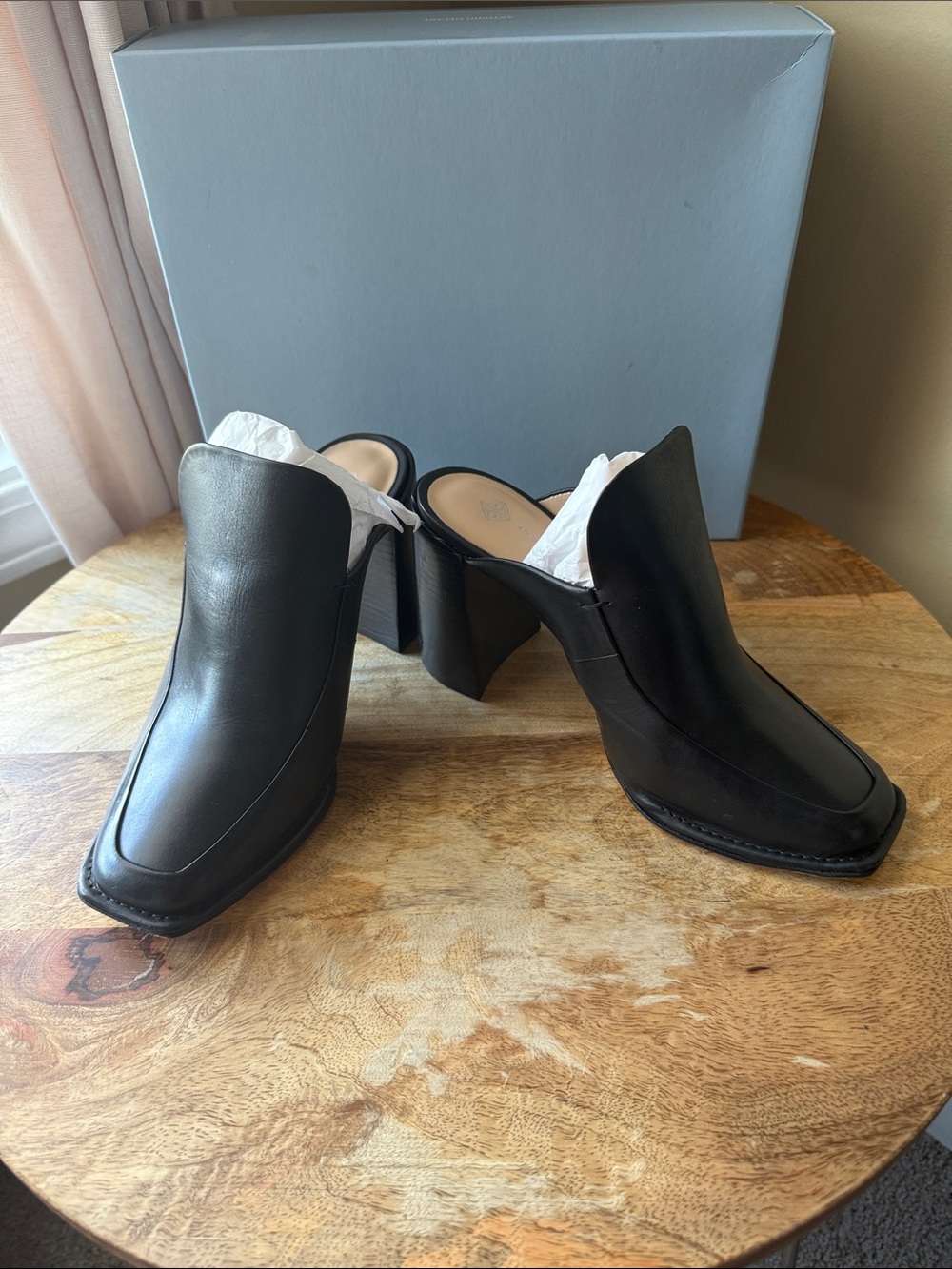 Antonio Melani Black Leather Mule Heels - Women's Slip-On Block Heel
